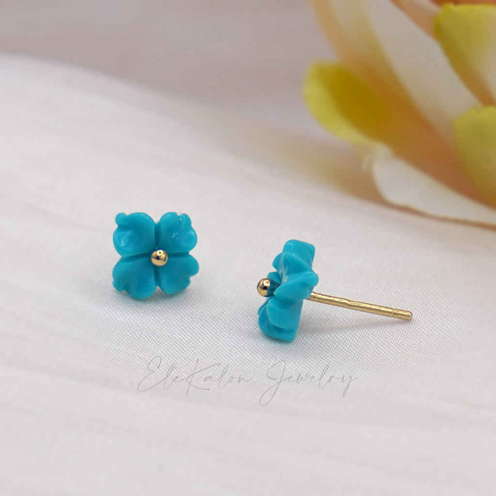  14K gold turquoise blue flower earrings