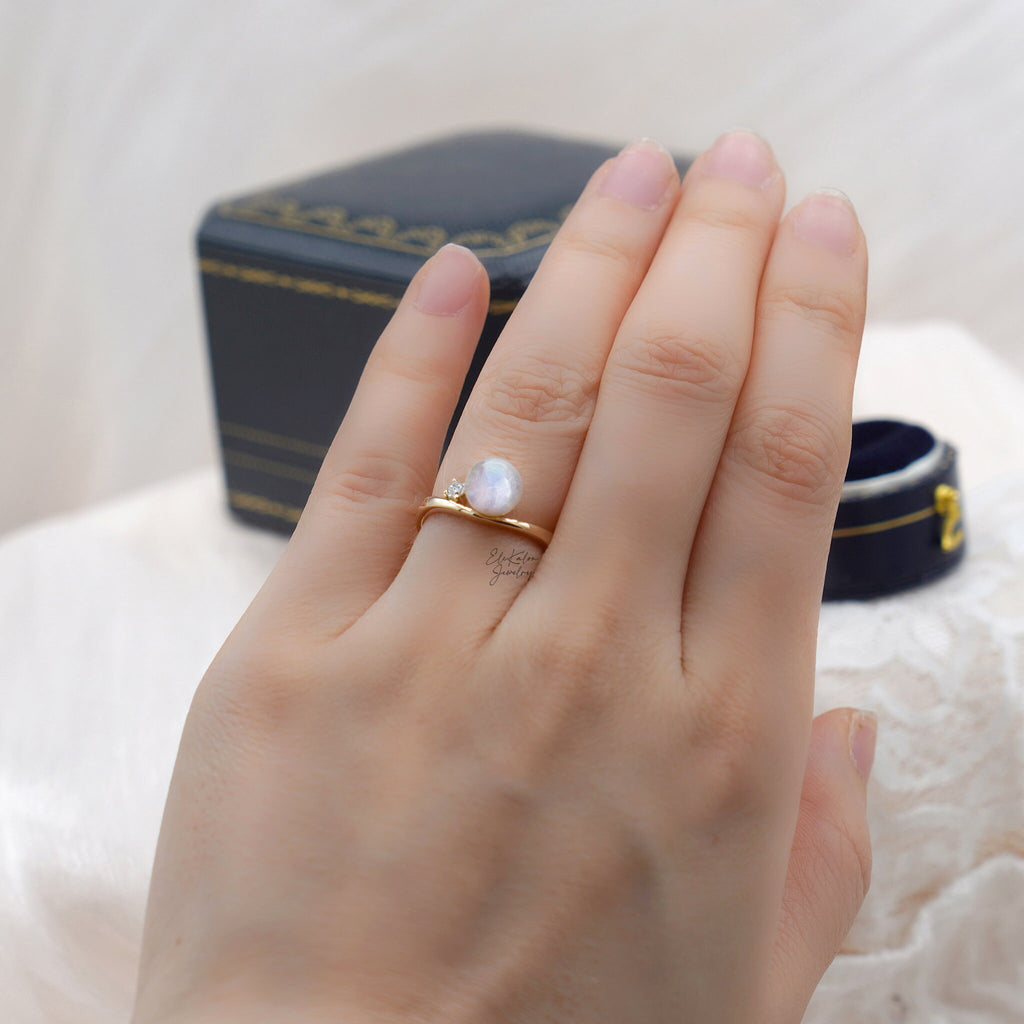 14K Solid Gold Blue Moonstone Diamond Ring