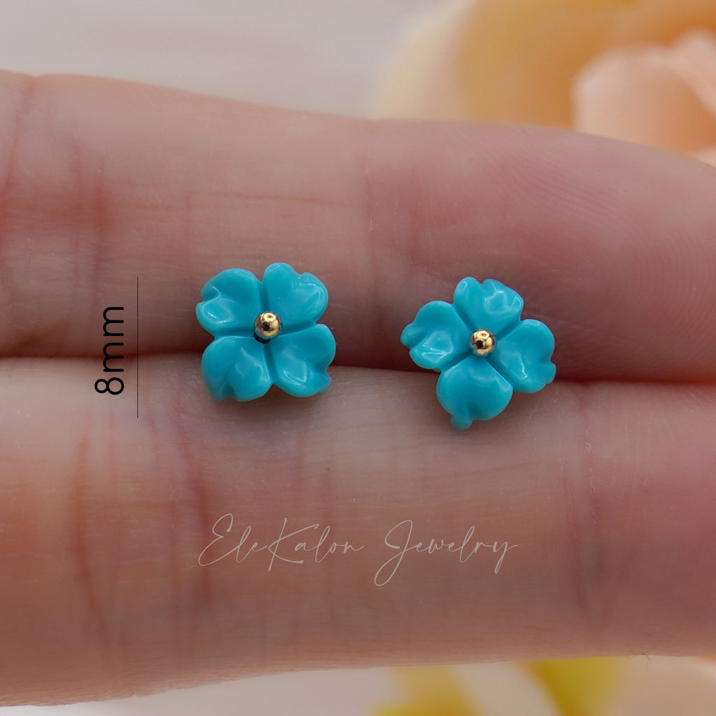 blue turquoise flower earrings 14K gold