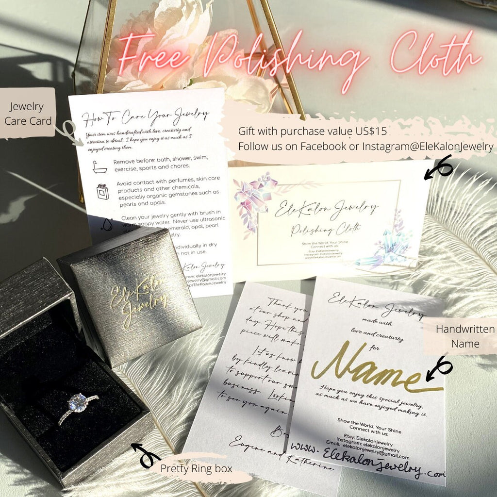 This image show how our jewelry package. It is include jewelry box or pouch,  polishing clothes to shine your jewelry.  A jewelry care card and your personal name wrote by hand.