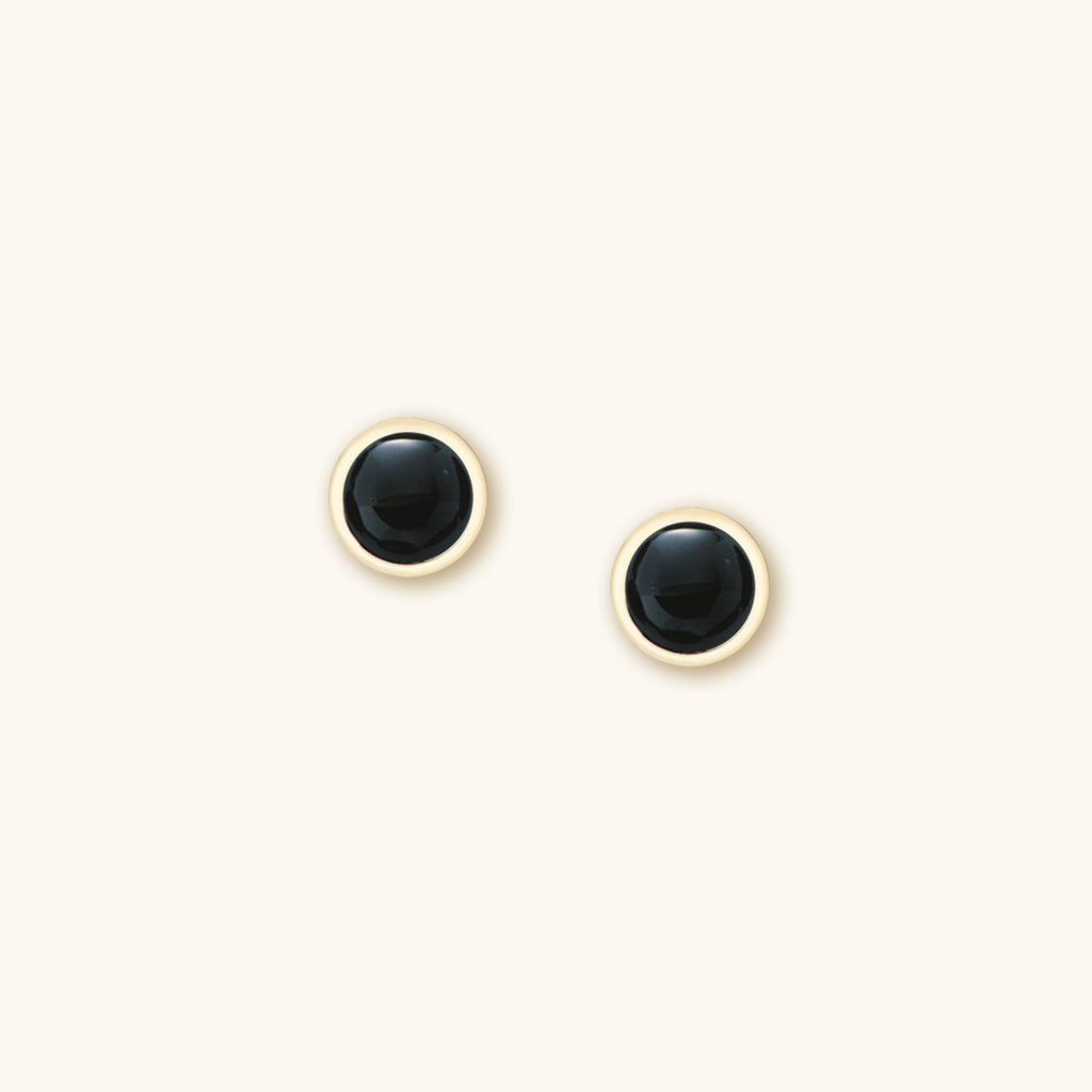 Super tiny bezel set natural black onyx dot earrings handmade in 14K solid gold.